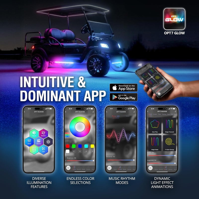 OPT7 Aura 12V DreamColor Underglow Chasing Lights for Golf Cart w/APP & Remote Control, Waterproof Rigid Aluminum Light Bar, Decorative RGB-IC Car LED Lighting Kit, EZGO Yamaha Club Car Universal Fit - Image 3